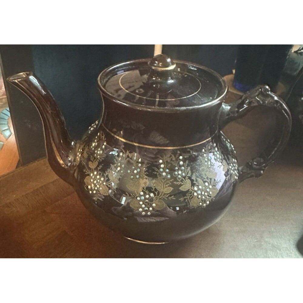 VTG Garland Brand Ornate Hand Painted Blue White Floral Brown Teapot RN 75153